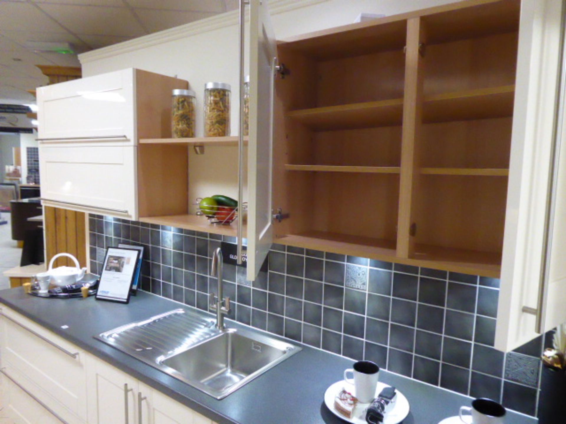 Décor Gloss Oyster kitchen with a grey granite effect worktop in single run galley. Max dimension - Image 6 of 7