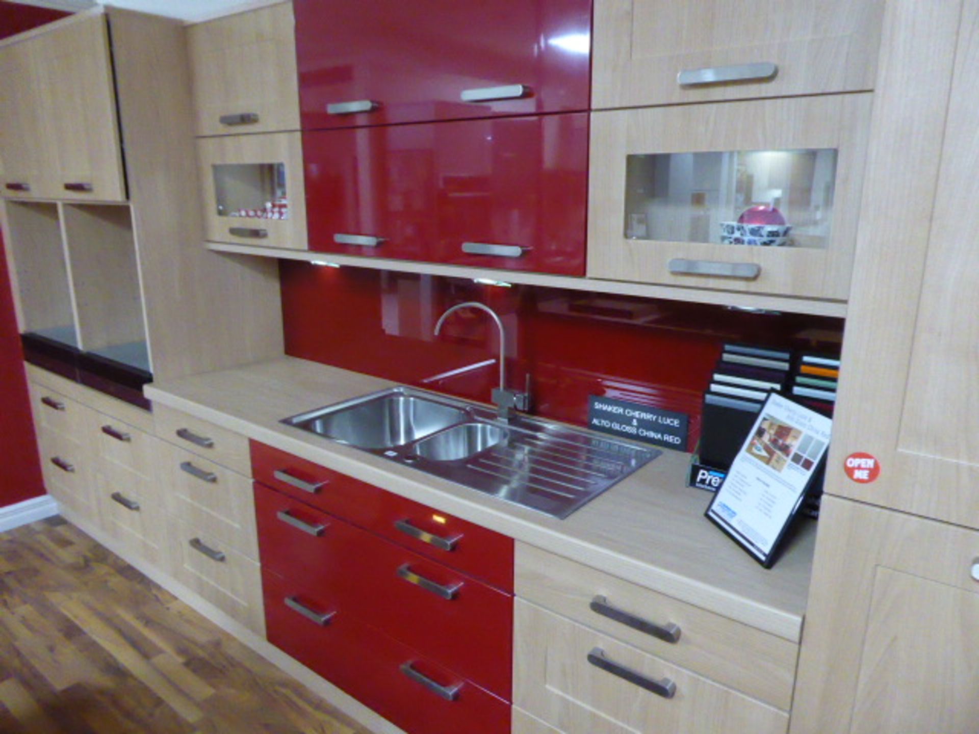 Shaker Cherry Lucce and Alto Gloss China Red kitchen with a light oak effect worktop with a matching - Image 2 of 13