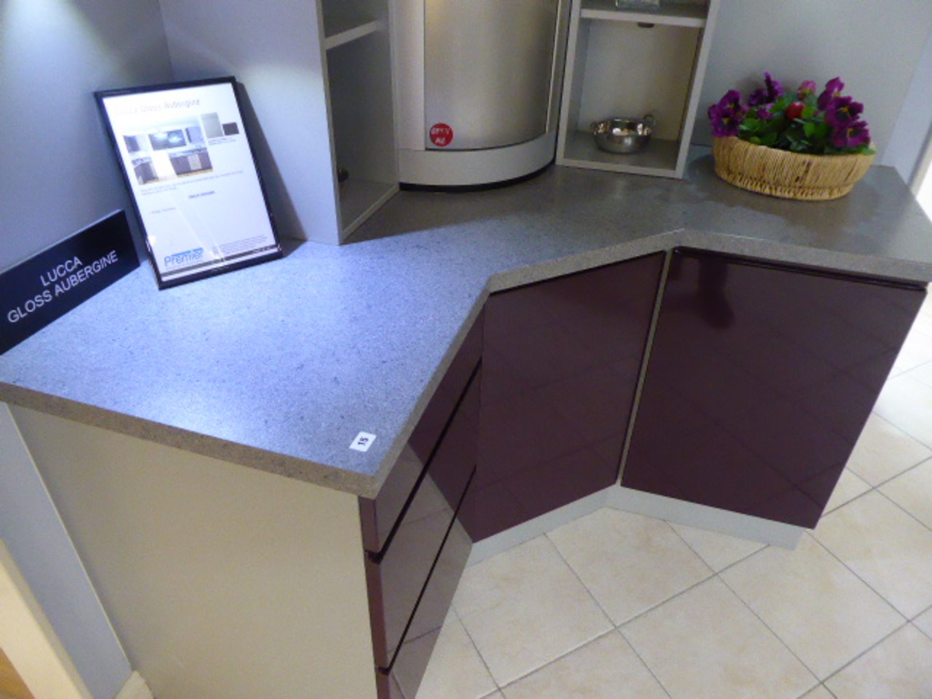 Lucca Gloss Aubergine small corner kitchen with light grey granite effect worktops. Max dimension - Image 2 of 5