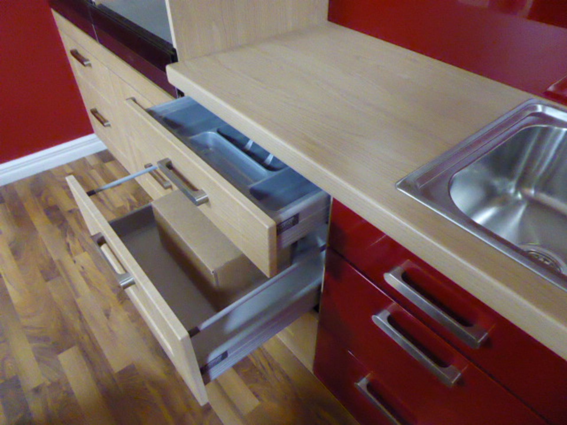 Shaker Cherry Lucce and Alto Gloss China Red kitchen with a light oak effect worktop with a matching - Image 13 of 13