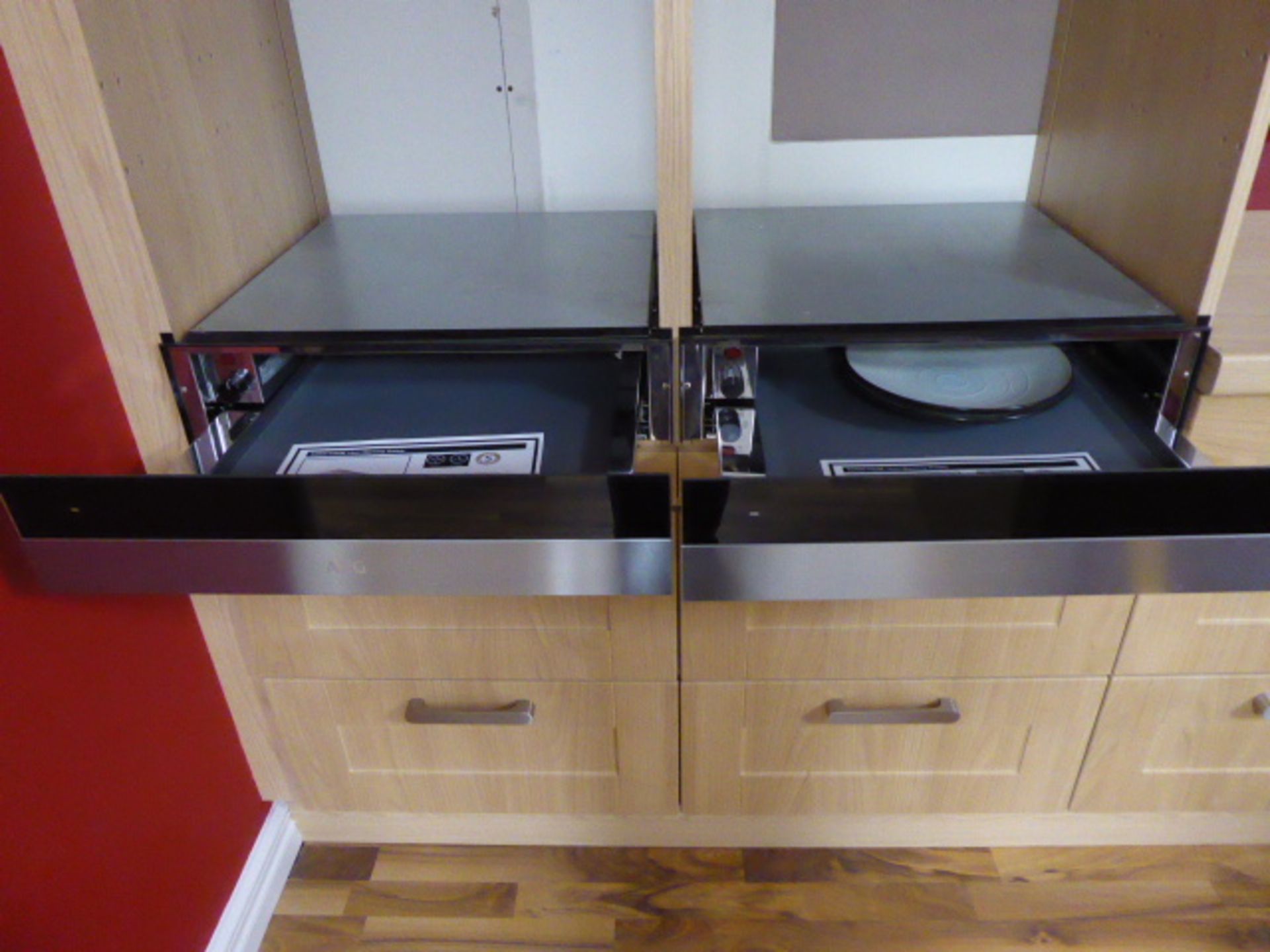 Shaker Cherry Lucce and Alto Gloss China Red kitchen with a light oak effect worktop with a matching - Image 7 of 13