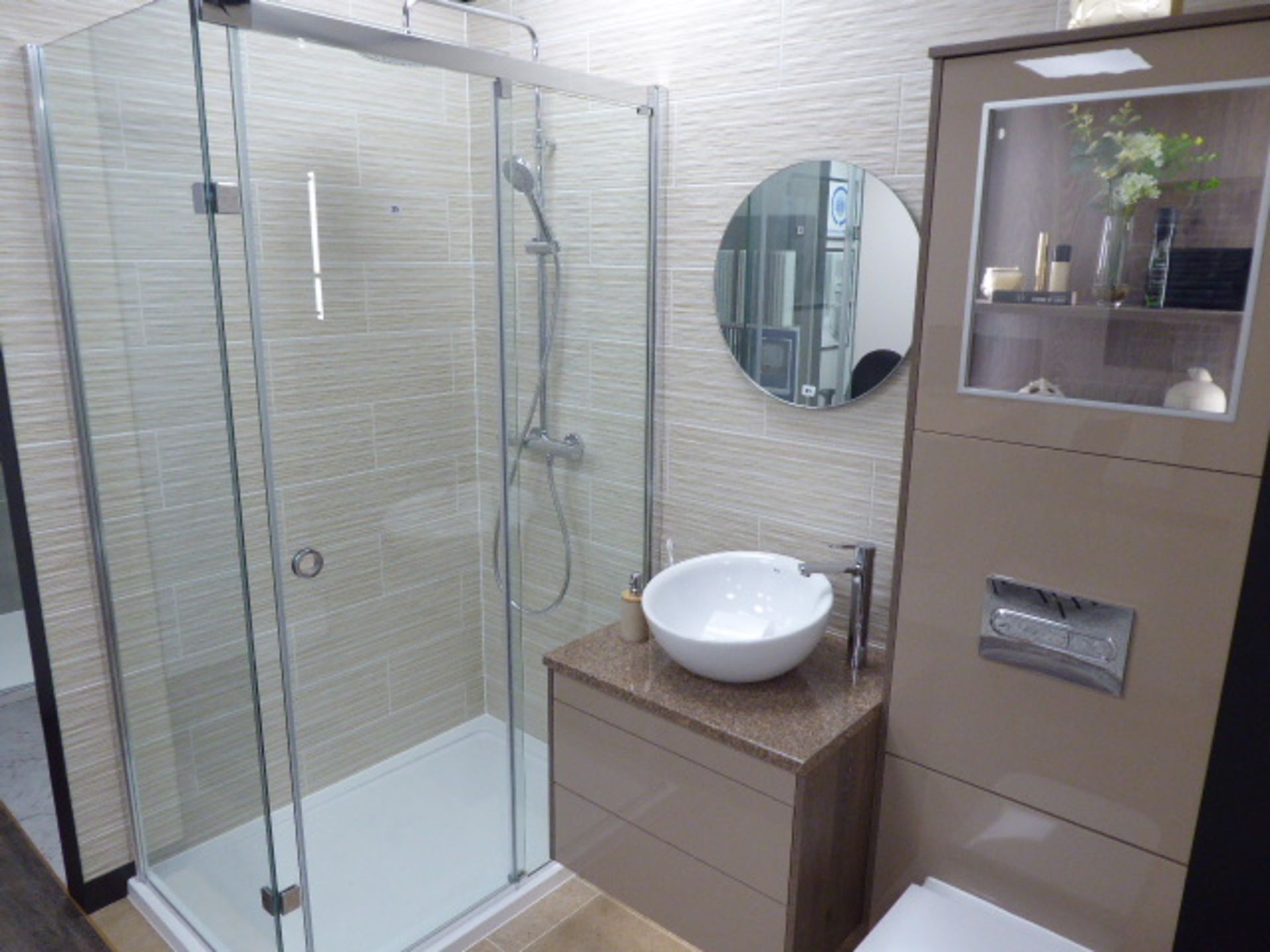 Roca Ev-en-t shower room with rectangular shower tray, glass shower screen and door, mixer shower