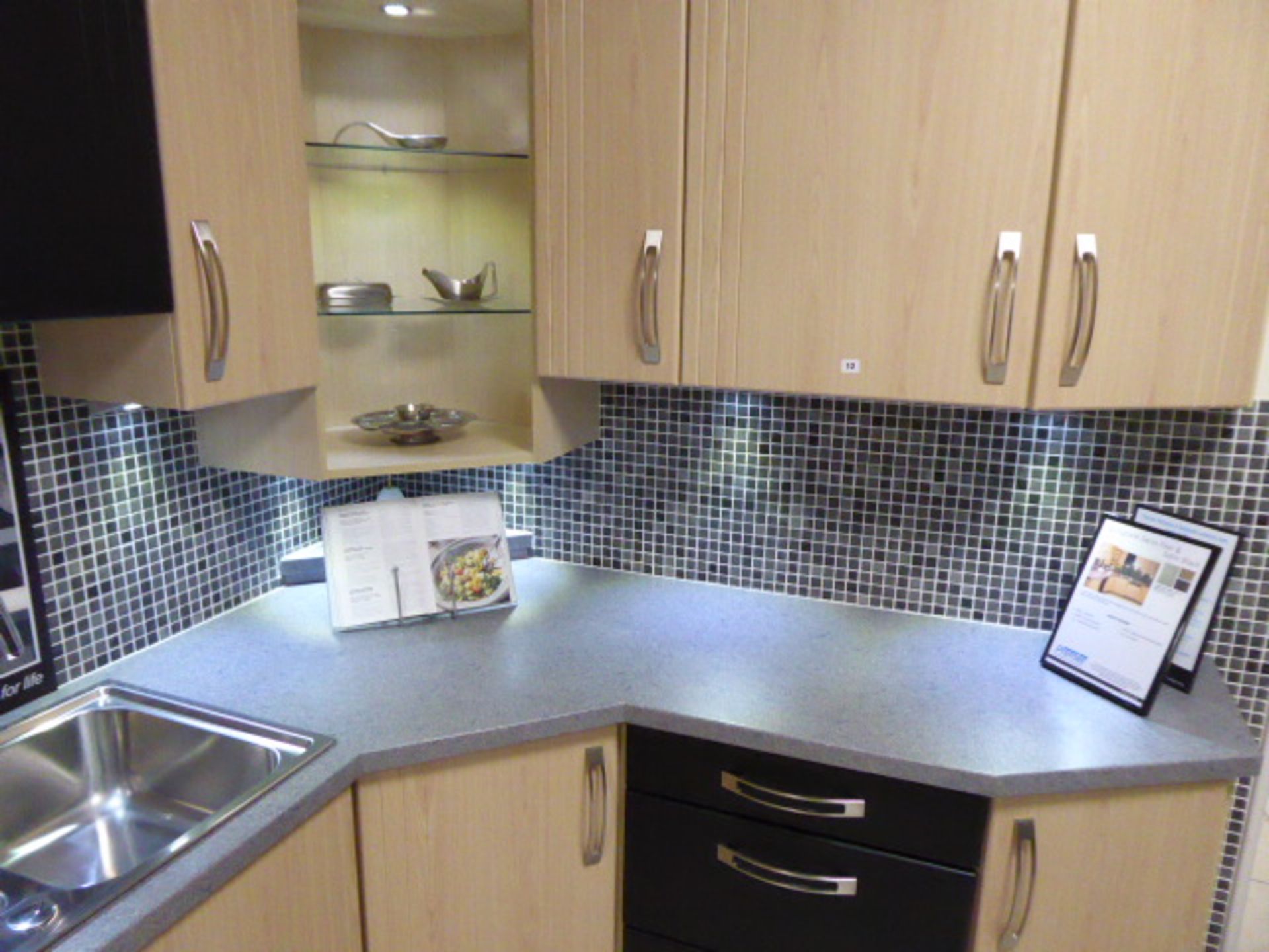 Springfield Swiss Pear Satin Black kitchen in L-shape with a grey granite effect worktop. Max - Image 2 of 8