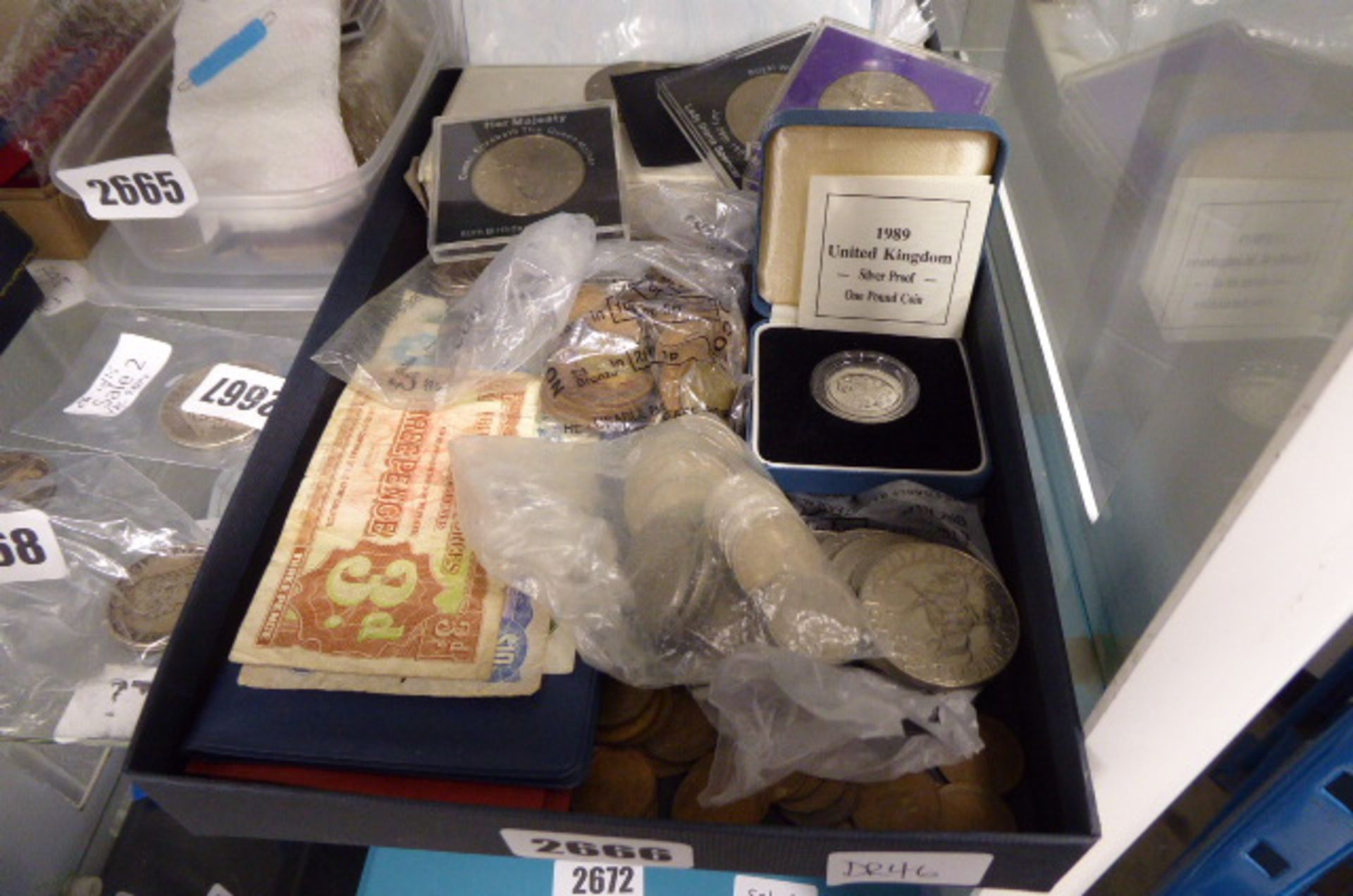 Tray containing selection of GB and other coinage, to include Royal Mint silver proof £1 coin,