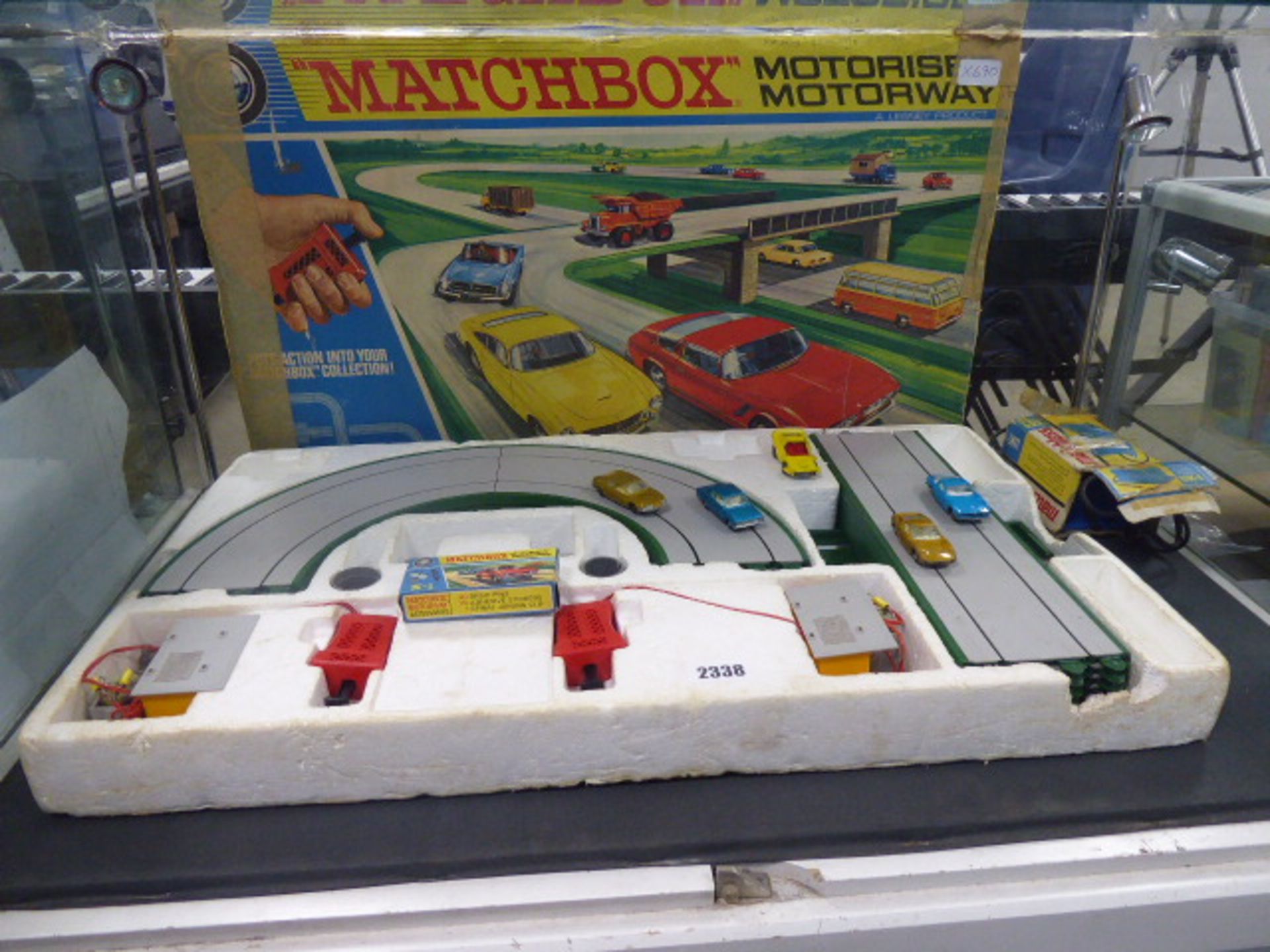 Vintage Matchbox motorised motorway playset with box, cars and power supply