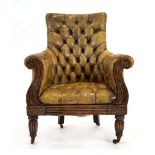 A Regency green leather button upholstered library chair, possibly Irish, the mahogany,