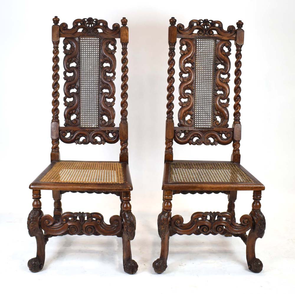 A pair of late 17th century walnut and bergere side chairs with bobbin turned supports, carved legs, - Image 2 of 2