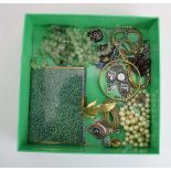 A mixed parcel of costume jewellery including a moss agate-type bead necklace,