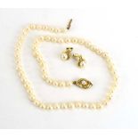 A single strand continuous cultured pearl necklace with yellow metal clasp, pearl d. 6 mm, l.