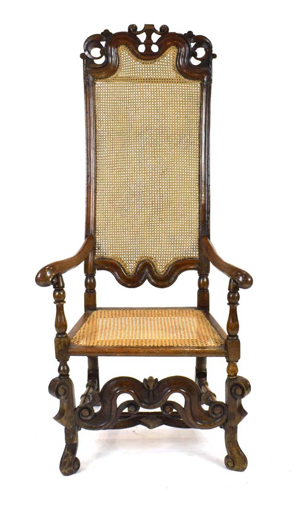 A 17th century walnut highback elbow chair with a scrolled arms, - Image 2 of 2