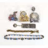A mixed parcel of costume jewellery including a cloisonne decorated bead necklace, silver brooches,