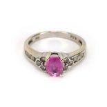 A 14ct white gold ring set oval (?)pink sapphire and small diamonds, ring size M, 3.