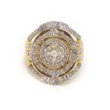 A 9ct yellow gold Tomas Rae cluster ring set round and tapered baguette cut diamonds,