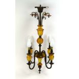 A 20th century bronzed and amber glass four-branch floral chandelier, h.