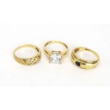 Three 9ct yellow gold dress rings set sapphire and cubic zirconia, various sizes, overall 8.