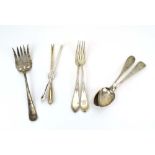 A mixed group of German silver flatware including a fish server, lobster picks and other items,
