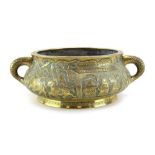 A Chinese green patinated bronze censer,