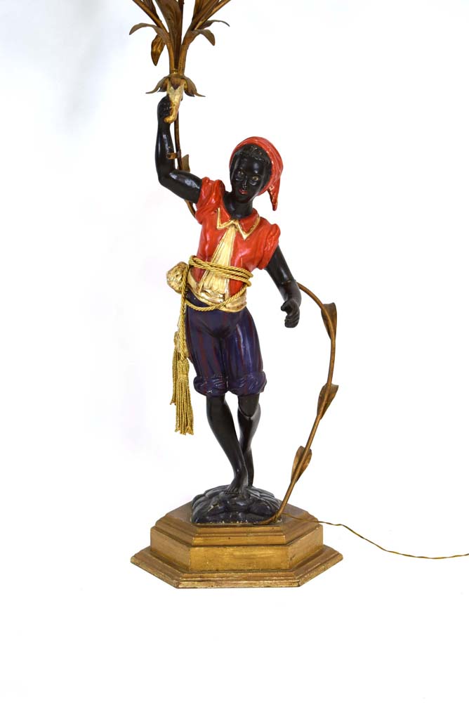 A polychrome and metalwork 'blackamoor' lamp modelled as a young man holding a five-branch foliate - Image 2 of 13