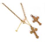 Two 9ct yellow gold cross pendants and a yellow metal curblink chain, overall 4.