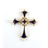 An 18ct yellow gold pendant of cross form decorated in blue enamel and set square cut sapphire,