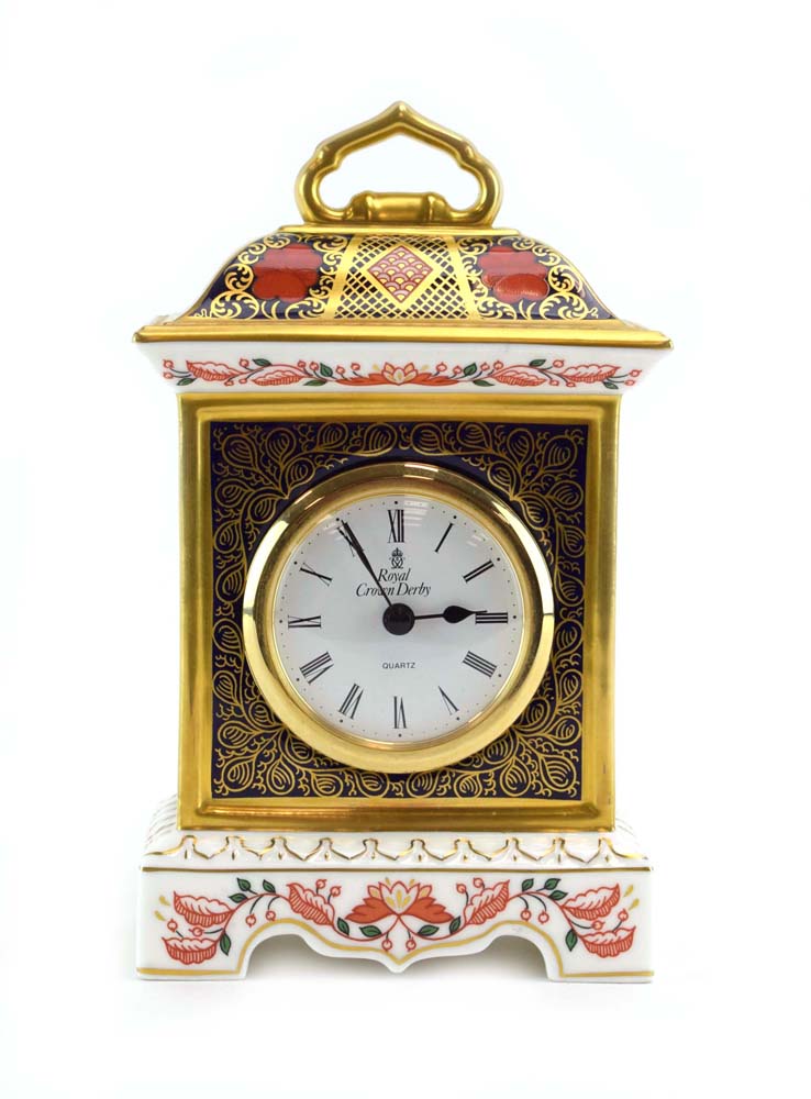 A Royal Crown Derby mantel timepiece decorated in the Imari palette, h.