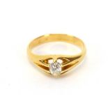 An 18ct yellow gold ring set oval cut diamond in a six claw setting, stone approximately 0.