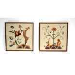 A pair of 1920's embroideries depicting antelope, rabbit and squirrel in woodland settings,