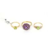 Three 9ct yellow gold dress rings set coloured stones, various sizes, overall 6.