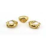 An 18ct yellow gold signet ring, ring size K, 2 gms and a pair of 9ct yellow gold ear hoops, 1.