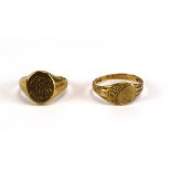 Two 9ct yellow gold signet rings, overall 5.