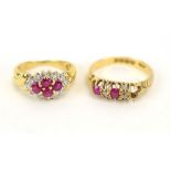 Two 18ct yellow gold rings, each set rubies and small diamonds, various sizes, overall 6.