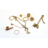 A mixed group of 9ct yellow gold jewellery comprising a pair of ear studs (af), a band ring,