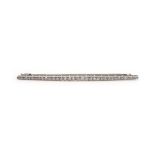 A French white metal bar brooch set graduated diamonds in the belle epoque manner, w. 8 cm, 6.