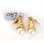 A pair of 9ct yellow gold ear pendants of cornucopia form, each set a small cultured pearl, l. 2.