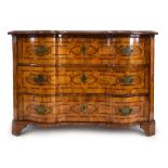 An 18th century South German walnut, crossbanded and strung commode of breakfront form,