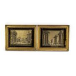 Two embroideries depicting the Forum, Rome, within verre eglomise frames,