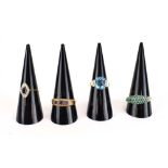 Four 9ct yellow gold dress rings set coloured stones, various sizes, overall 10.