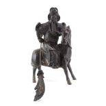 A Chinese brown patinated bronze figure modelled as a warrior on horseback, h. 27.
