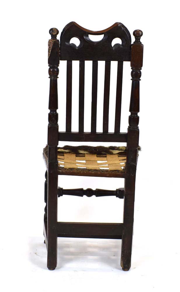 For Reupholstery: a late 17th century oak back stool with five spindles over a vacant seat, - Image 2 of 2