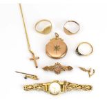 A mixed parcel of gold jewellery including three rings,