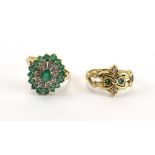 Two 9ct yellow gold rings set diamonds and emeralds, various sizes, overall 6.