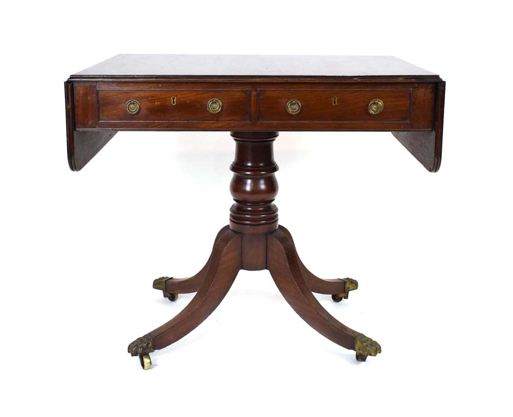 An early 19th century mahogany, strung and rosewood crossbanded sofa table,