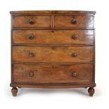 A Victorian mahogany bow fronted chest of two short over three long drawers, on turned feet, w.