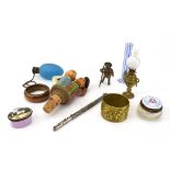 A mixed group of collectable's including enamelled pill boxes, a miniature oil lamp,