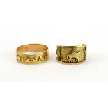 An 18ct yellow gold 'Mizpah' ring and a yellow metal cuff-type ring decorated with warriors,