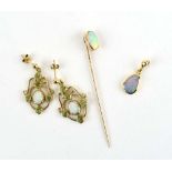 A pair of 9ct yellow gold ear pendants set opal and citrine,