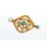 An early 20th century 9ct yellow gold openwork pendant set turquoise and seed pearls, l. 3.3 cm, 1.