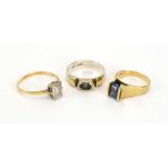 Three 9ct yellow and white gold dress rings set clear and blue stones, various sizes, overall 10.
