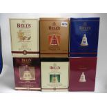 6 Bells Christmas Bell Decanters with boxes from 1996, 1997, 1998, 1999,