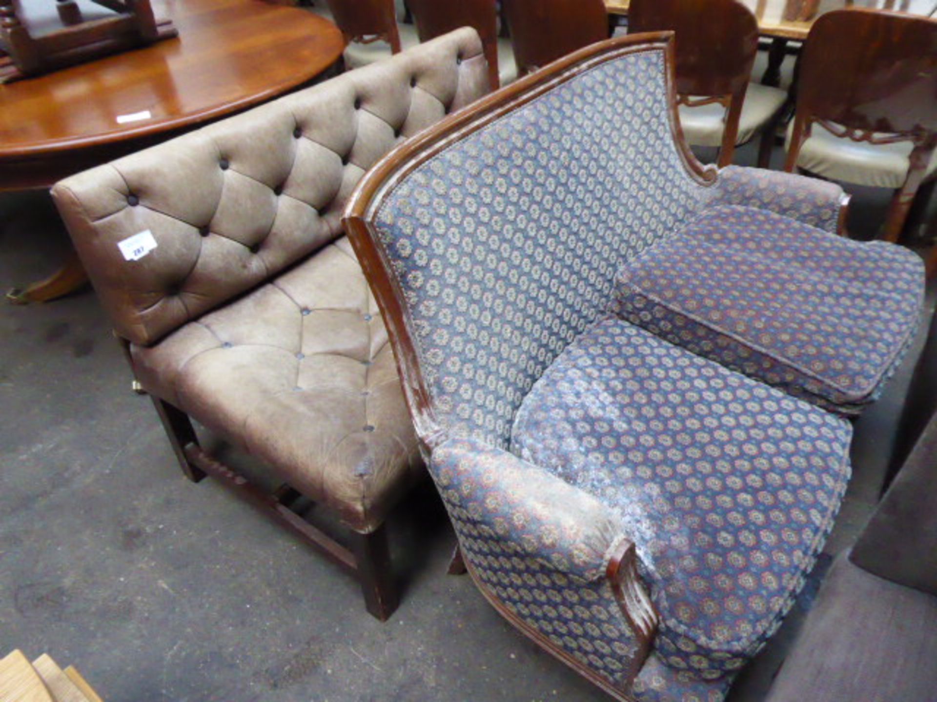 Brown leather upholstered oak frame settee plus another upholstered settee